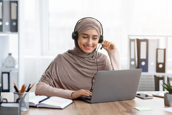 Foreign,Languages,Online,Concept.,Portrait,Of,Smiling,Arabic,Girl,In